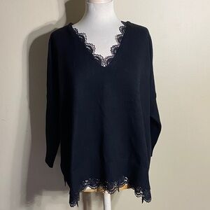 Elegant Black V-Neck Sweater with Lace Trim